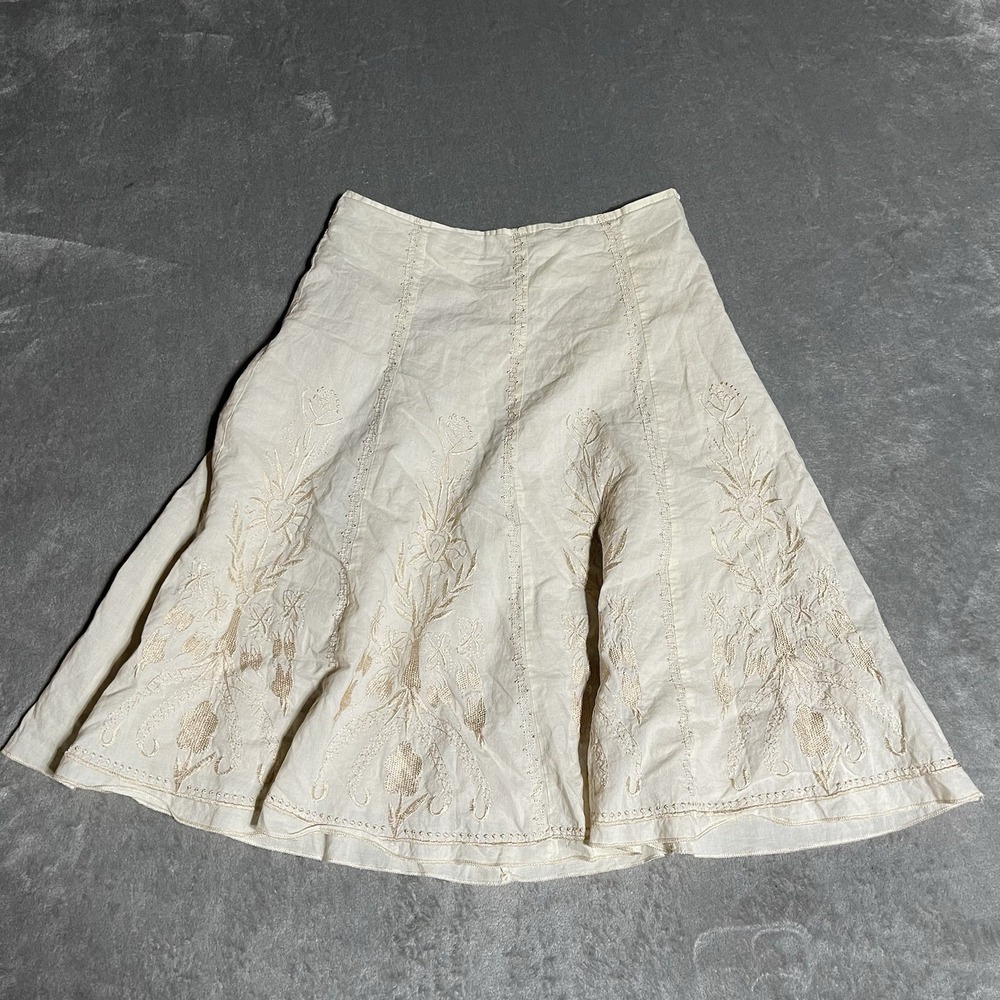 Y2k Rene Margo Skirt Womens Small Beige Mini A Line Flared‎ Cottage Embroidered